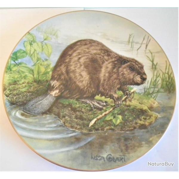 Assiette dcorative porcelaine GOEBEL Coburg Allemagne motif Castor peint anne 1980