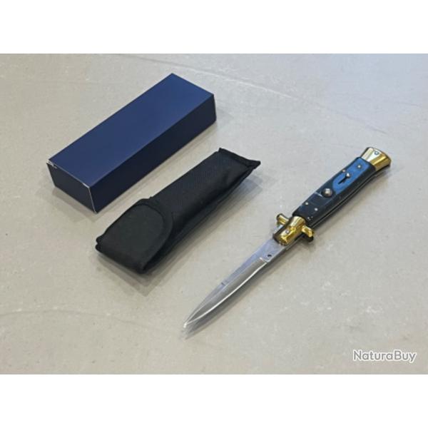 Stiletto Couteau automatique Lame Acier 440 10.5CM Manche Abs marbre noir mitre bronze Etui