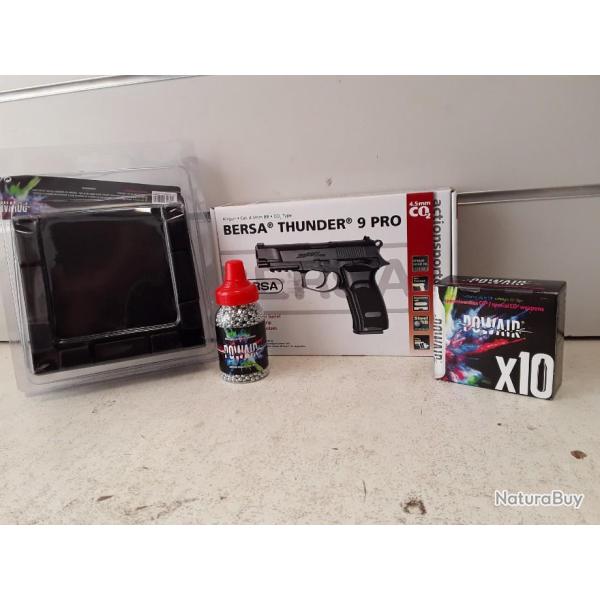 PACK PISTOLET ASG BERSA THUNDER 9 PTO CAL4,5 2,6J + CO2 + PLOMBS + CIBLES + PORTE CIBLES