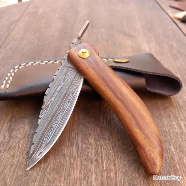 Couteau Pi�montais Artisanal Damas Manche en Bois avec �tui en cuir noir
