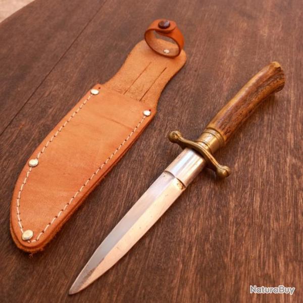 Joli Dague de Chasse Allemande REHWAPPEN SOLINGEN Manche en Bois de Cerf avec �tui en cuir