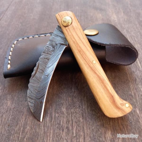 Couteau pliant Damas Serpette �tui en cuir Manche en Bois d OLIVIER