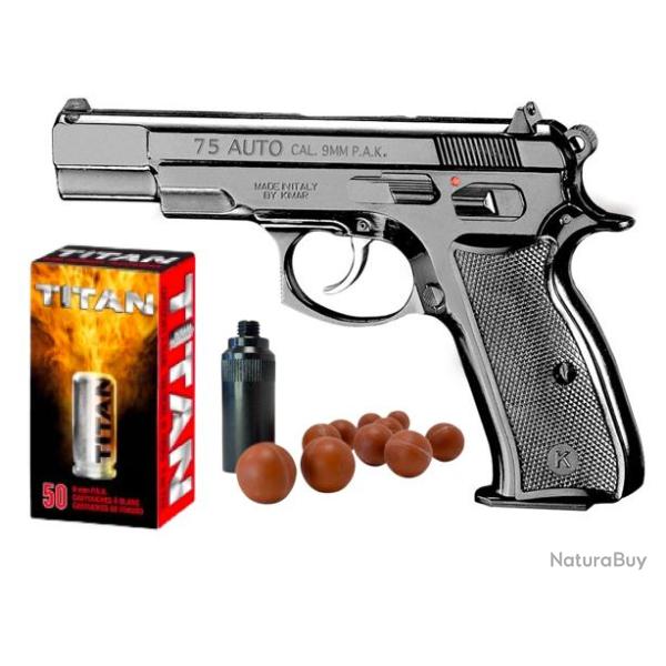 Pack d�fense Pistolet � blanc + Munitions - Kimar 75 Noir cal 9mm PAK - R�plique CZ75