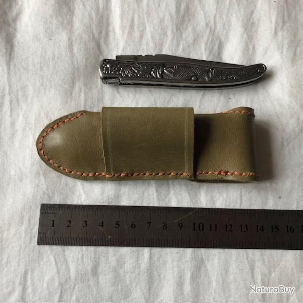 ETUI COUTEAU PLIANT en cuir OLIVE Brod�