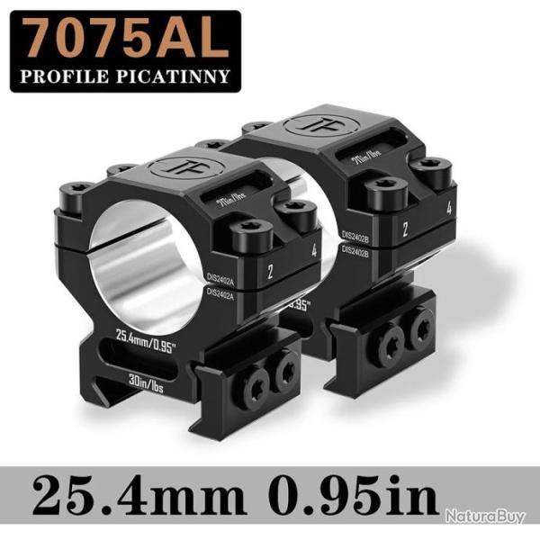Collier de montage 7075AL 25,4mm usin� CNC picatinny 20mm - Montage bas 0,95"