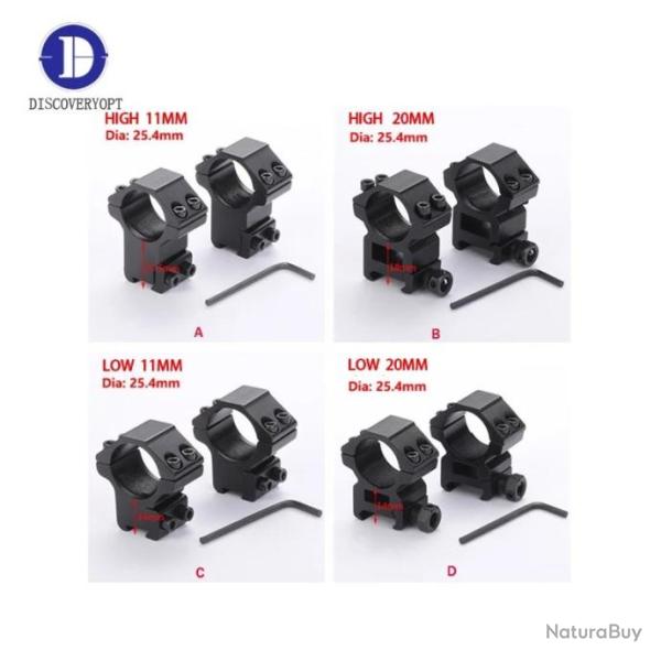 Collier de montage fixe diam�tre 25,4mm montage haut ou bas  pour rail picatinny de 20mm OU 11mm