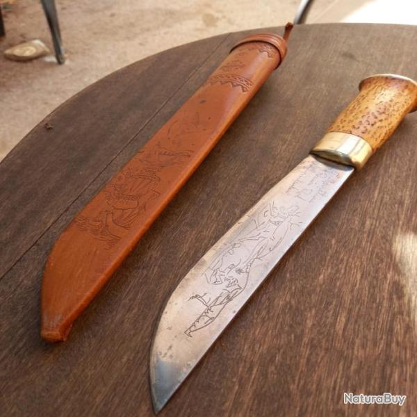Tr�s Grand Couteau PUUKKO FINLANDAIS J.MARTTIINI LAPINLEUKU avec Fourreau en cuir  Manche en Bois