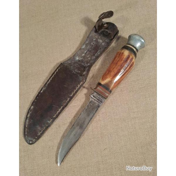 Ancien couteau de Solingen manche en bois de cerf avec �tui en cuir
