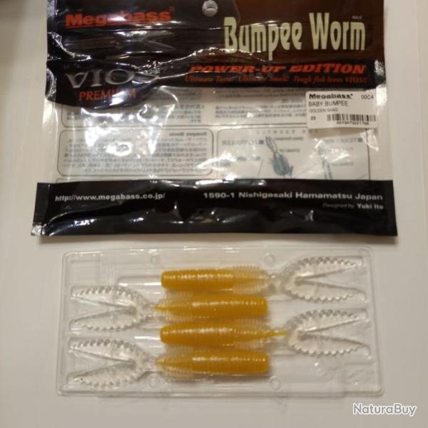 Boite de 4 Leurres Souples MEGABASS, leurre baby Bumpee Worm., 10 cm couleur golden shad