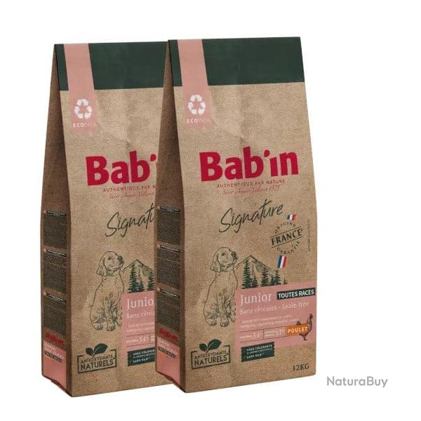 LOT DE 2 PAQUETS de 12 kg de croquettes sans c�r�ales pour chiot/ BAB'IN Junior Grain Free