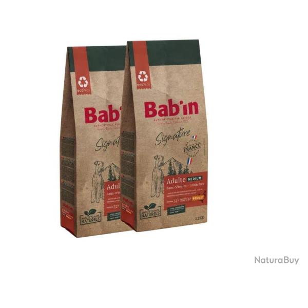 Lot de 2 paquets de 12 kg de croquettes Bab'in, sans c�r�ales, au poulet, pour chien adulte