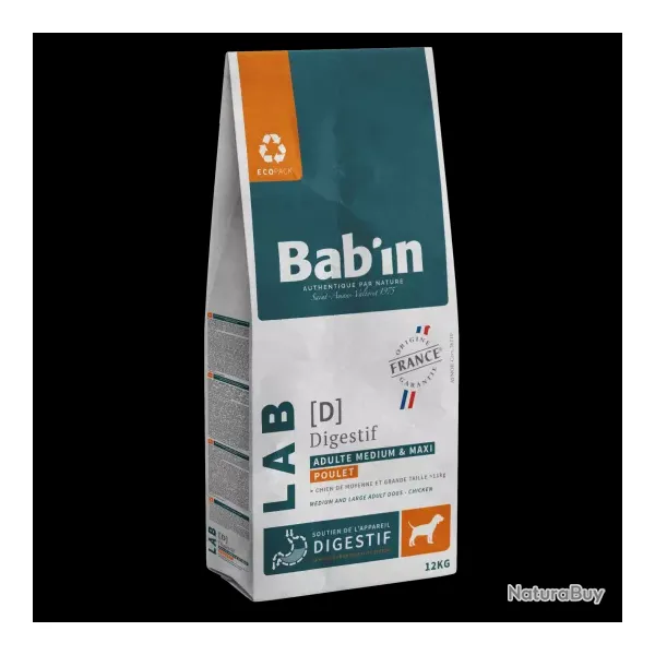 1 paquet de croquettes de 12 kg pour chien adulte BAB'IN LAB[D](digestif) au poulet