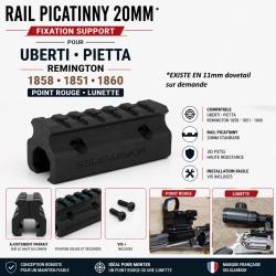 rail picatinny 20mm fixation support pour uberti pietta remington 1858 1851 1860 point rouge lunette