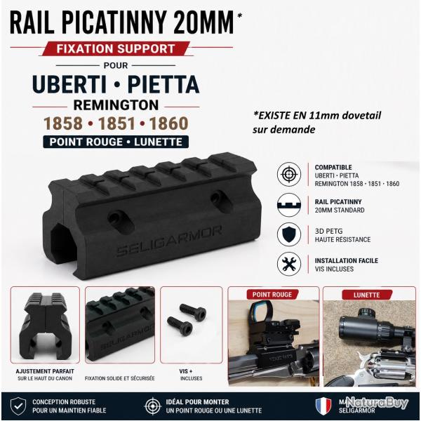 rail picatinny 20mm fixation support pour uberti pietta remington 1858 1851 1860 point rouge lunette