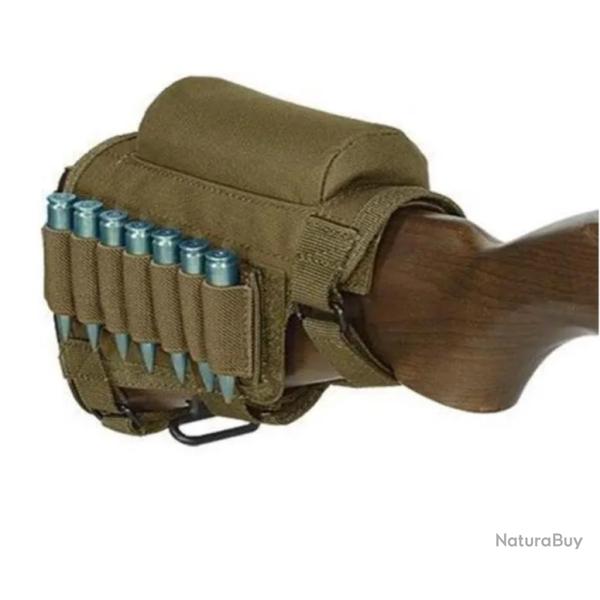 Repose-Joue Tactique pour Fusil avec �tui 7 Cartouches - Ambidextre et Ajustable Kaki