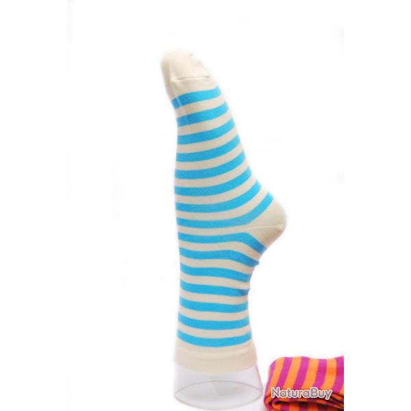 Offre d�s 3 paires de chaussettes ray�es coton d'Egypte Femme 34/36 ray� bleu turq beige
