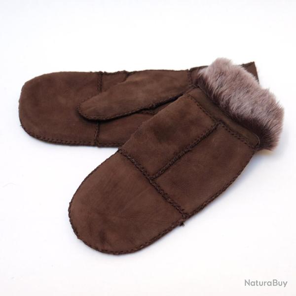 Moufles homme et femme chaudes en peau d agneau retourn�e brun cm