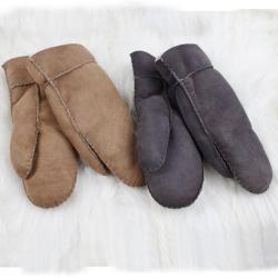 Moufles homme et femme chaudes en peau d'agneau retourn&eacute;e brun 12 cm