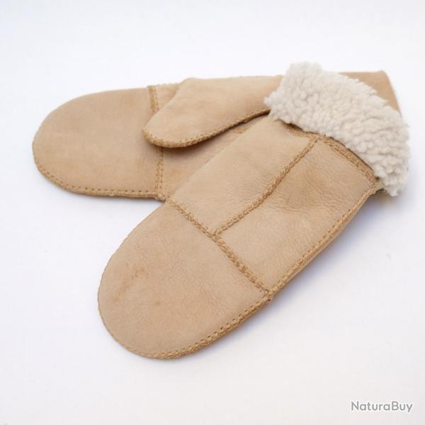 Moufles homme et femme chaudes en peau d agneau retourn�e beige cm