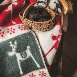 Plaid en laine vierge motifs na&icirc;fs rennes gris rouge ou gris bleu renne gris & rouge