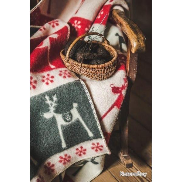 Plaid en laine vierge motifs na�fs rennes gris rouge ou gris bleu renne gris & rouge