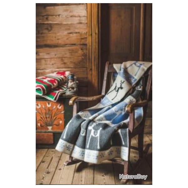 Plaid en laine vierge motifs na�fs rennes gris rouge ou gris bleu gris antra et bleu