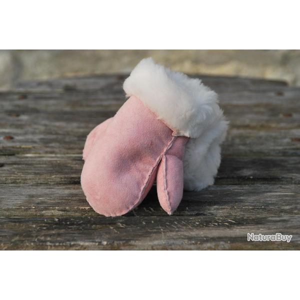 Moufles enfant et femme en luxueuse peau d'agneau rose 7