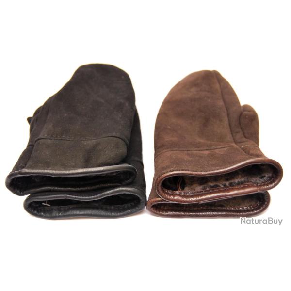 Moufles homme peau d'agneau retourn�e bord cuir noir  bord fonc�