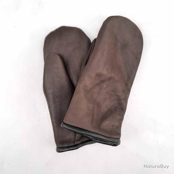 Moufles homme peau d'agneau retourn�e bord cuir marron fonc� bord fonc�
