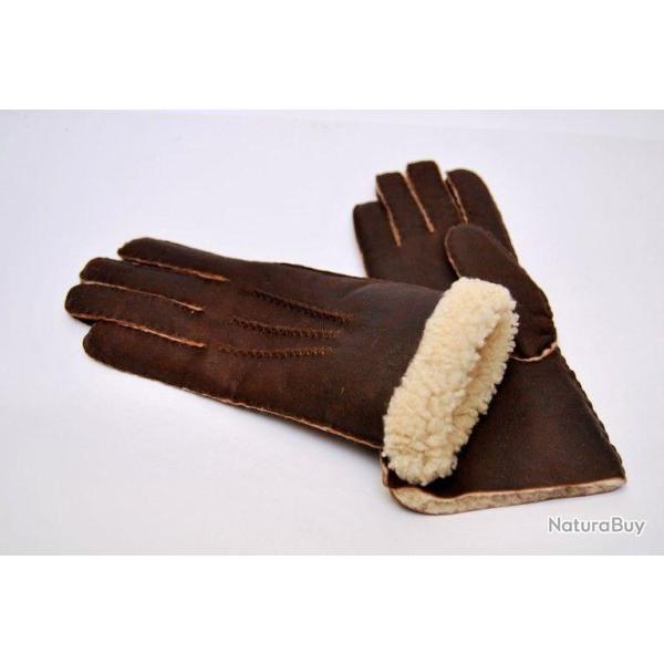 Gants chauds peau d agneau lain�e type aviateur brun cm