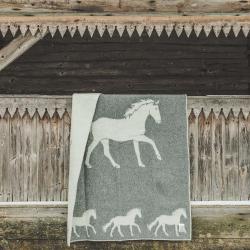 Plaid pure laine vierge motif naif cheval r&eacute;versible noir &eacute;cru gris