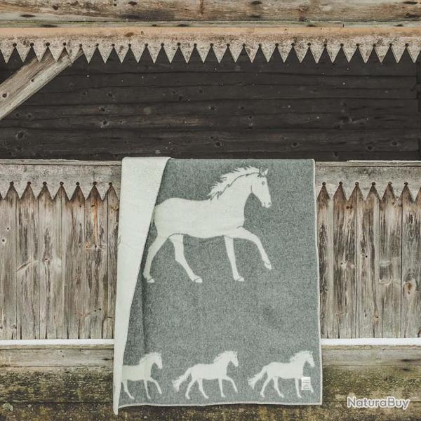 Plaid pure laine vierge motif naif cheval r�versible noir �cru gris