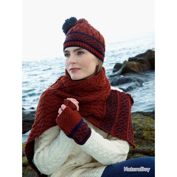 Bonnet pure laine m�rinos Jacquard nordique et pompon rouille