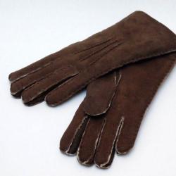 Gants chauds luxueux peau d'agneau lain&eacute;e type aviateur marron fonc&eacute; 9,5 cm