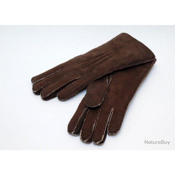 Gants chauds luxueux peau d'agneau lain�e type aviateur marron fonc� 9,5 cm