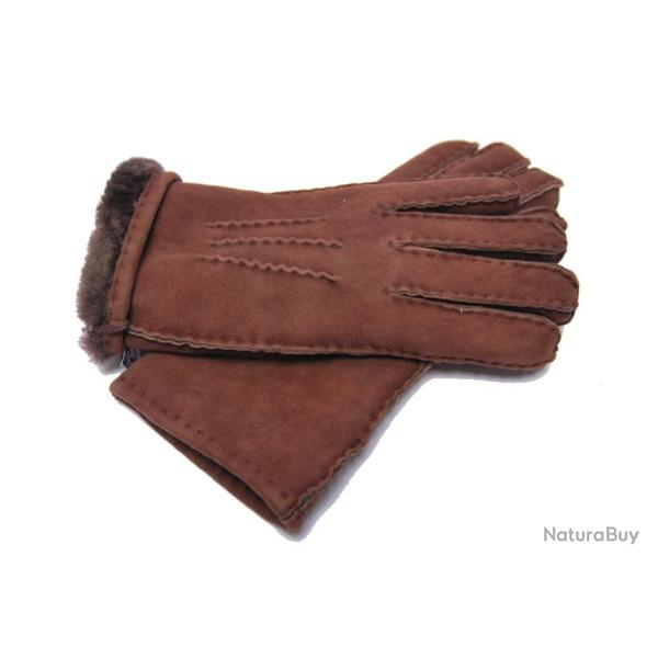Gants chauds luxueux peau d'agneau lain�e type aviateur brun 10 cm