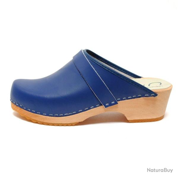 Sabots bois femme su�dois et cuir lisse cuir bleu marine