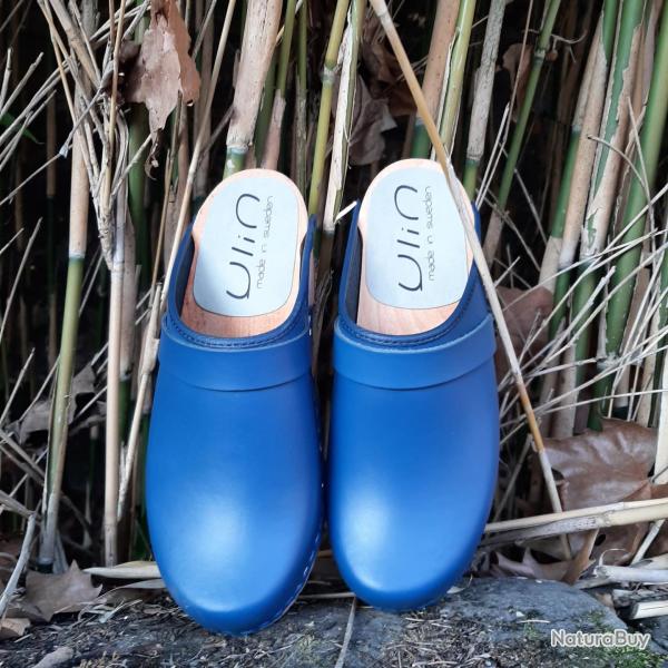 Sabots bois femme su�dois et cuir lisse cuir bleu cobalt