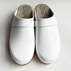 Sabots bois femme su&eacute;dois et cuir lisse cuir blanc