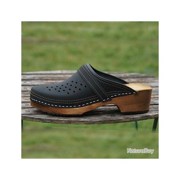 Sabot homme su�dois marque Ylin cuir ajour� cuir noir
