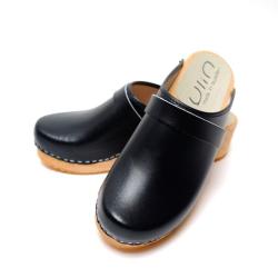 Sabot homme su&eacute;dois bois et cuir lisse cuir noir
