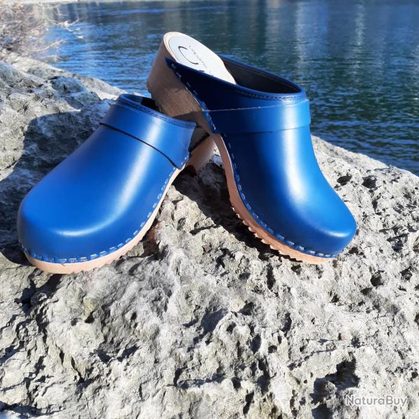 Sabot homme su�dois bois et cuir lisse cuir bleu cobalt