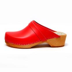 Sabot homme su&eacute;dois bois et cuir lisse cuir rouge &eacute;carlate