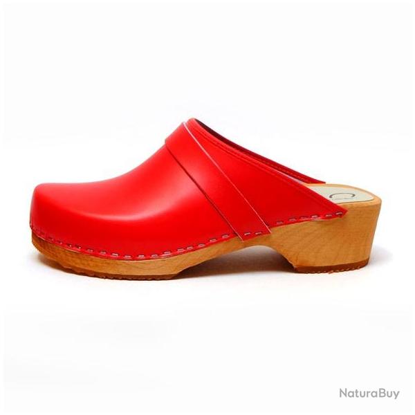 Sabot homme su�dois bois et cuir lisse cuir rouge �carlate