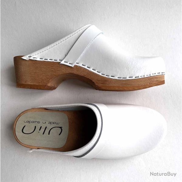 Sabot homme su�dois bois et cuir lisse cuir blanc