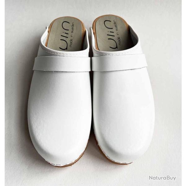Sabot homme su�dois bois et cuir lisse cuir blanc