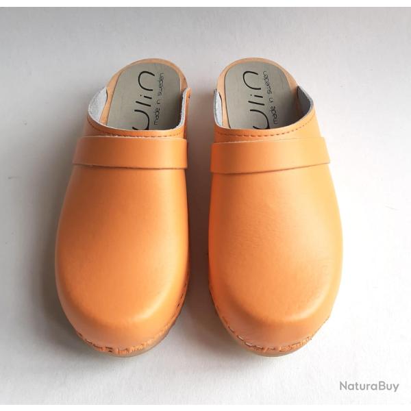 Sabot homme su�dois bois et cuir lisse cuir orange