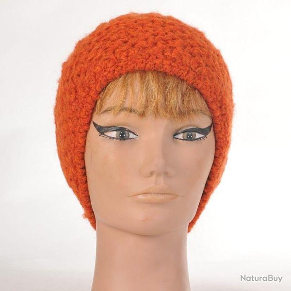Bonnet laine mohair et pompon orange papaye
