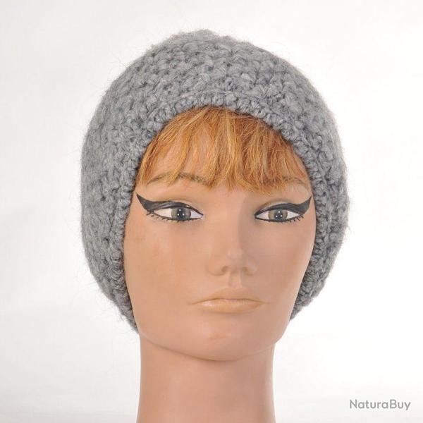 Bonnet laine mohair et pompon gris moyen