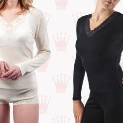 Maillot femme d&eacute;collet&eacute; V dentelle laine m&eacute;rinos et soie manches longues noir ou &eacute;cru noir extra sma